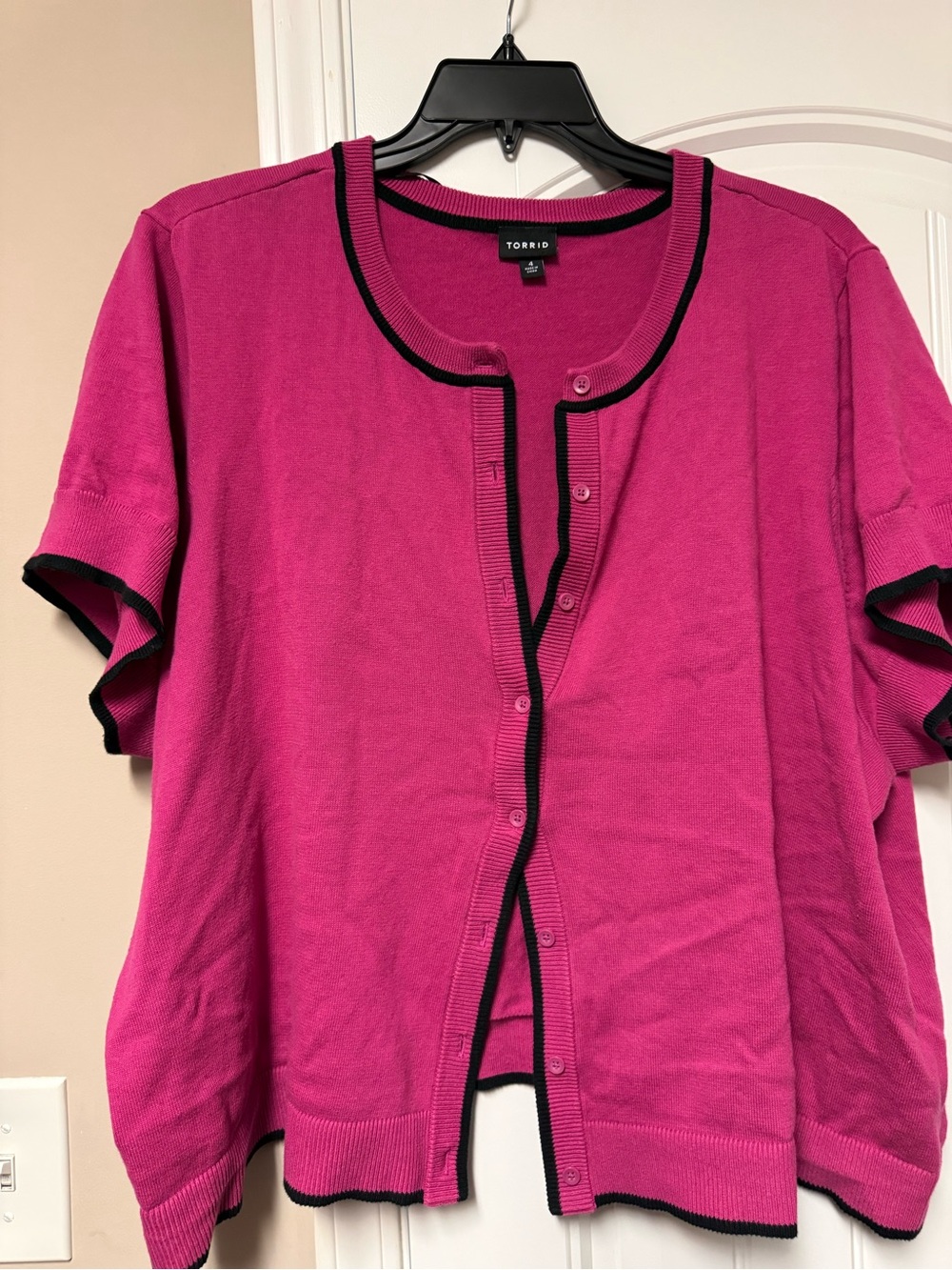 torrid Bright Fuchsia Button-Front Short Sleeve Cardigan with Black Trim